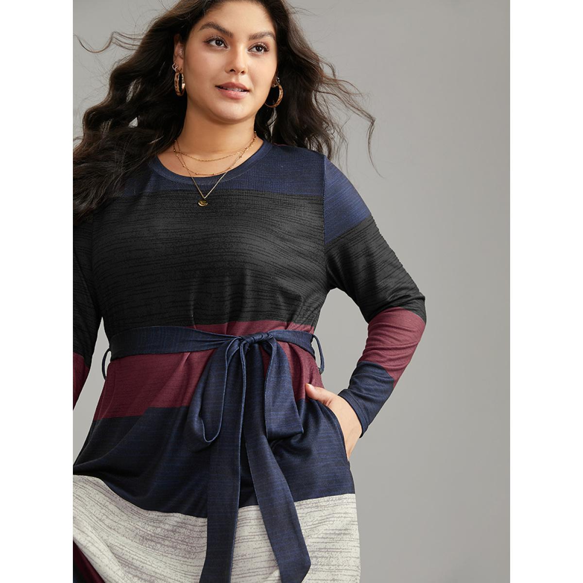 Plus Size Colorblock Contrast Heather Belted Dress DarkBlue Women Casual Non Round Neck Long Sleeve Curvy Midi Dress BloomChic 14-16/1X Product Image