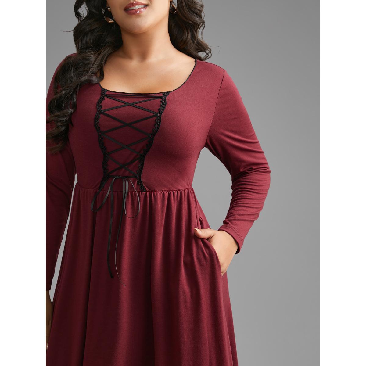 Plus Size Square Neck Lace Panel Lace Up Dress Burgundy Women Elegant Woven ribbon&lace trim Square Neck Long Sleeve Curvy BloomChic 18-20/2X Product Image