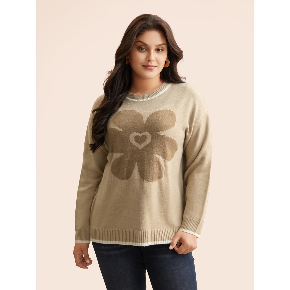 Plus Size Floral Jacquard Contrast Trim Slit Hem Pullover LightBrown Women Casual Long Sleeve Round Neck Everyday Pullovers BloomChic 26/4X Product Image