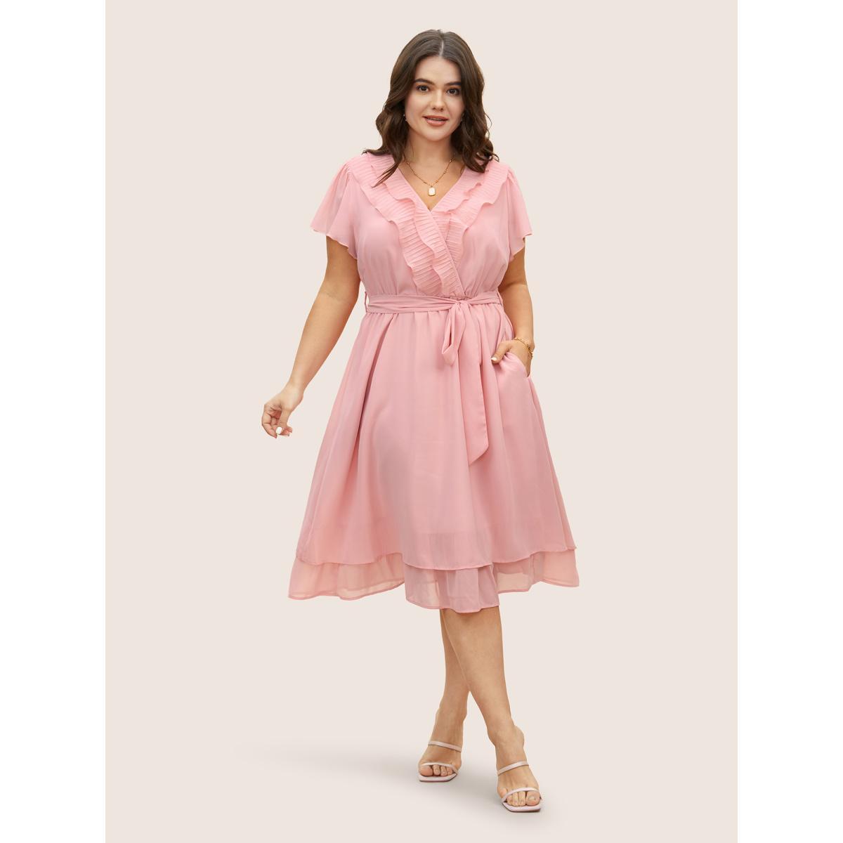 Plus Size Solid Wrap Textured Ruffle Trim Belted Dress Crepe Women Elegant Pleated V-neck Short sleeve Curvy BloomChic 30/6X Product Image