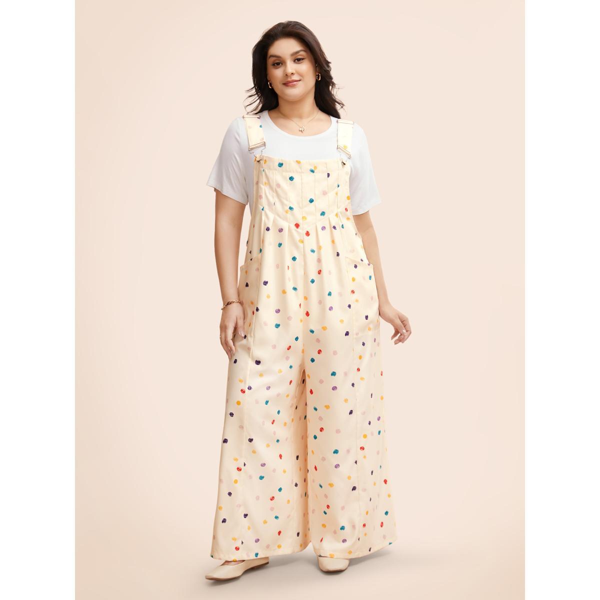 Plus Size Apricot Painted Polka Dot Adjustable Straps Jumpsuit Women Casual Sleeveless Non Everyday Loose Jumpsuits BloomChic 26/4X Product Image