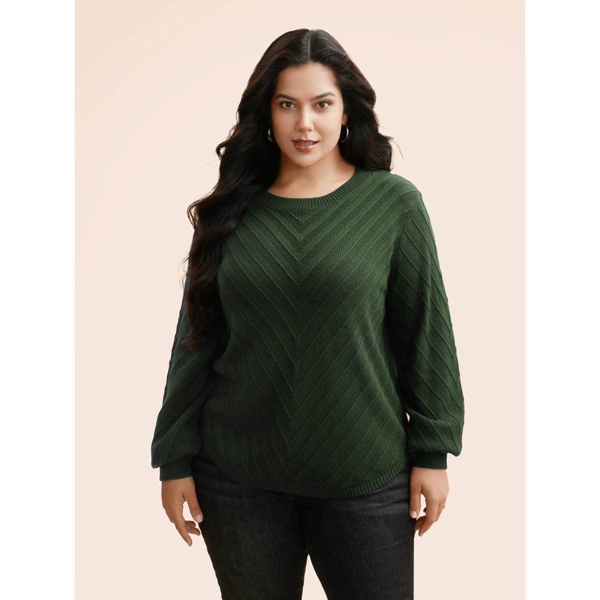 Plus Size Plain Textured Crew Neck Pullover DarkGreen Women Casual Loose Long Sleeve Boat Neck Everyday Pullovers BloomChic 18-20/2X Product Image