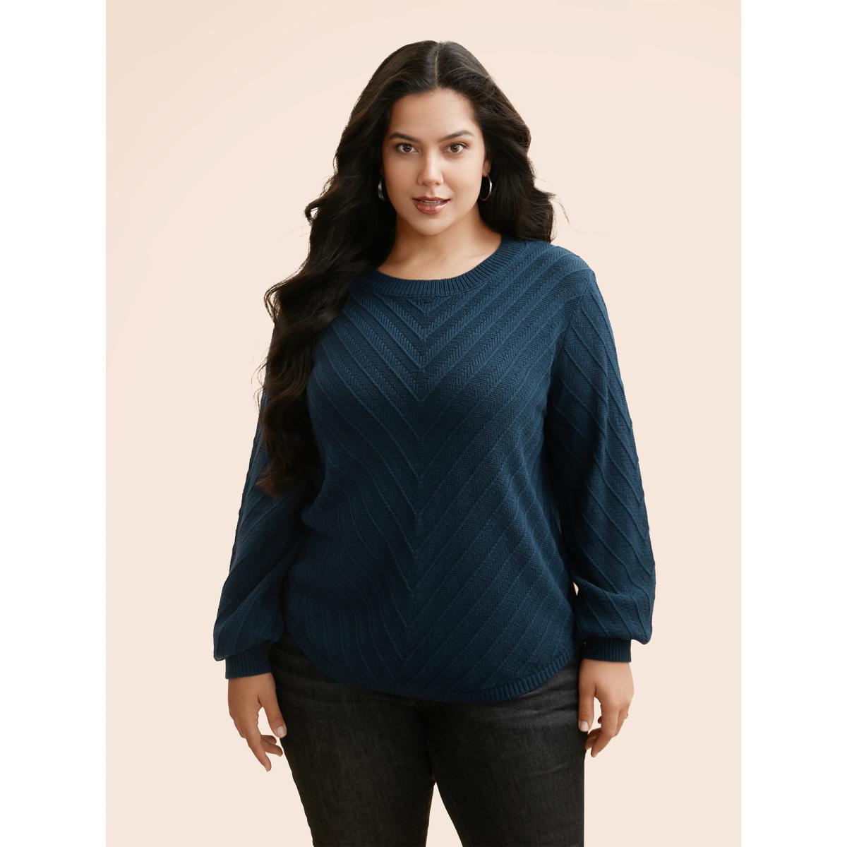 Plus Size Plain Textured Crew Neck Pullover DarkGreen Women Casual Loose Long Sleeve Boat Neck Everyday Pullovers BloomChic 10/M Product Image