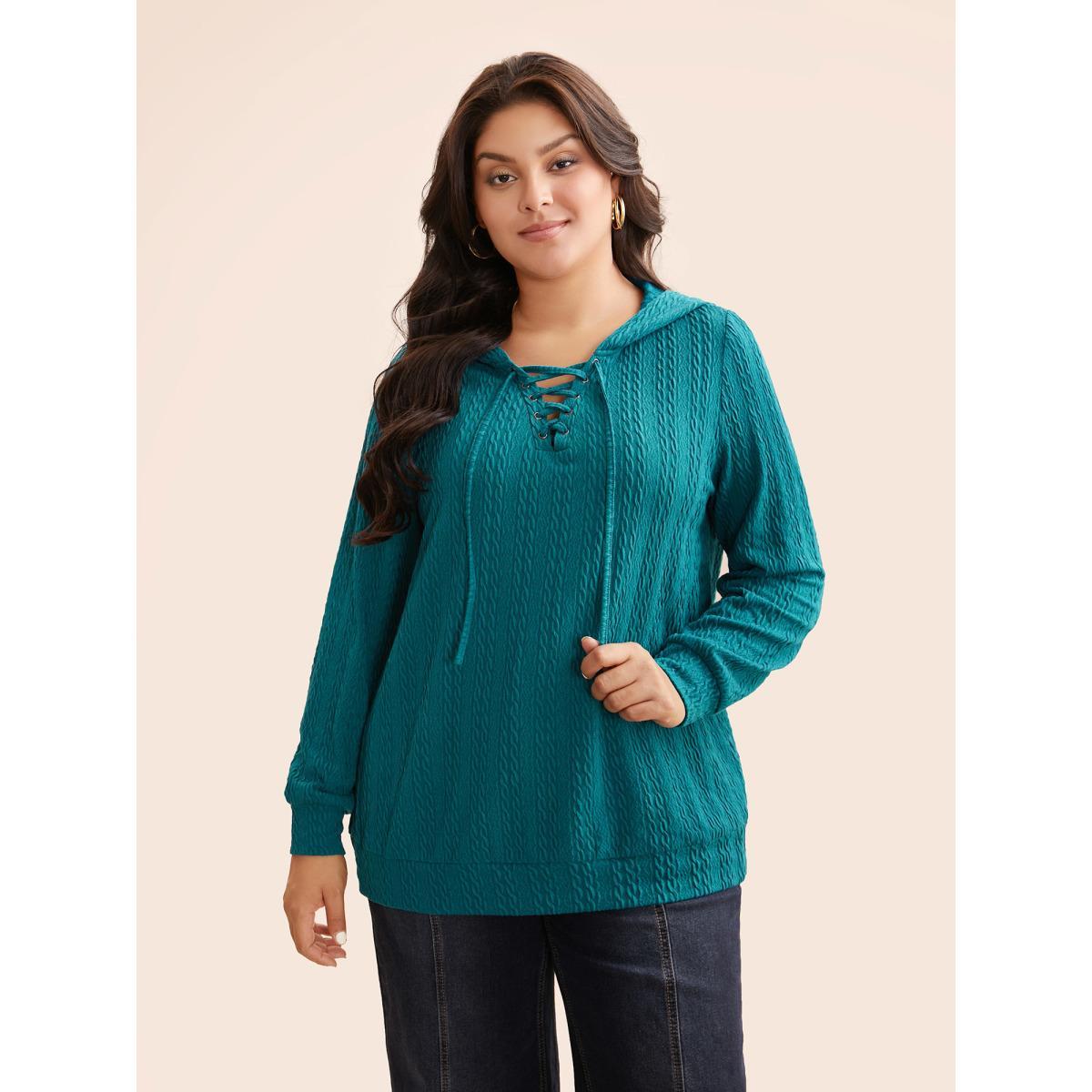 Plus Size Plain Textured Lace Up Hooded Sweatshirt Women Teal Casual Eyelet Non Everyday Sweatshirts BloomChic 10/M Product Image