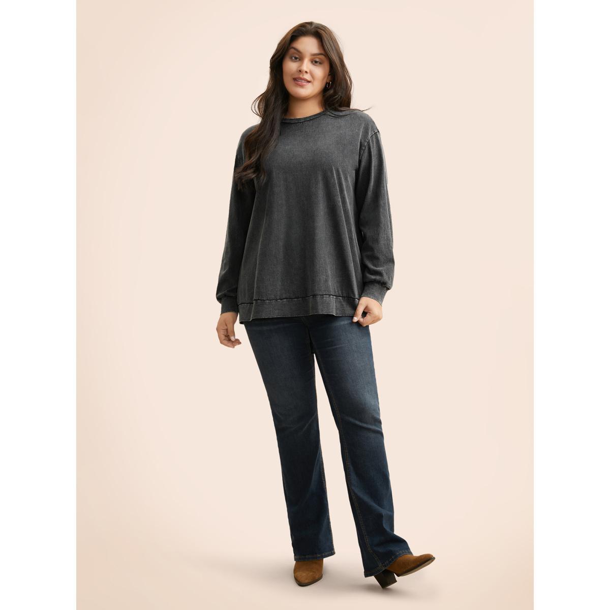 Plus Size Vintage Round Neck Slightly Stretchy Sweatshirt Women Black Casual Non Loose Round Neck Everyday Sweatshirts BloomChic 18-20/2X Product Image