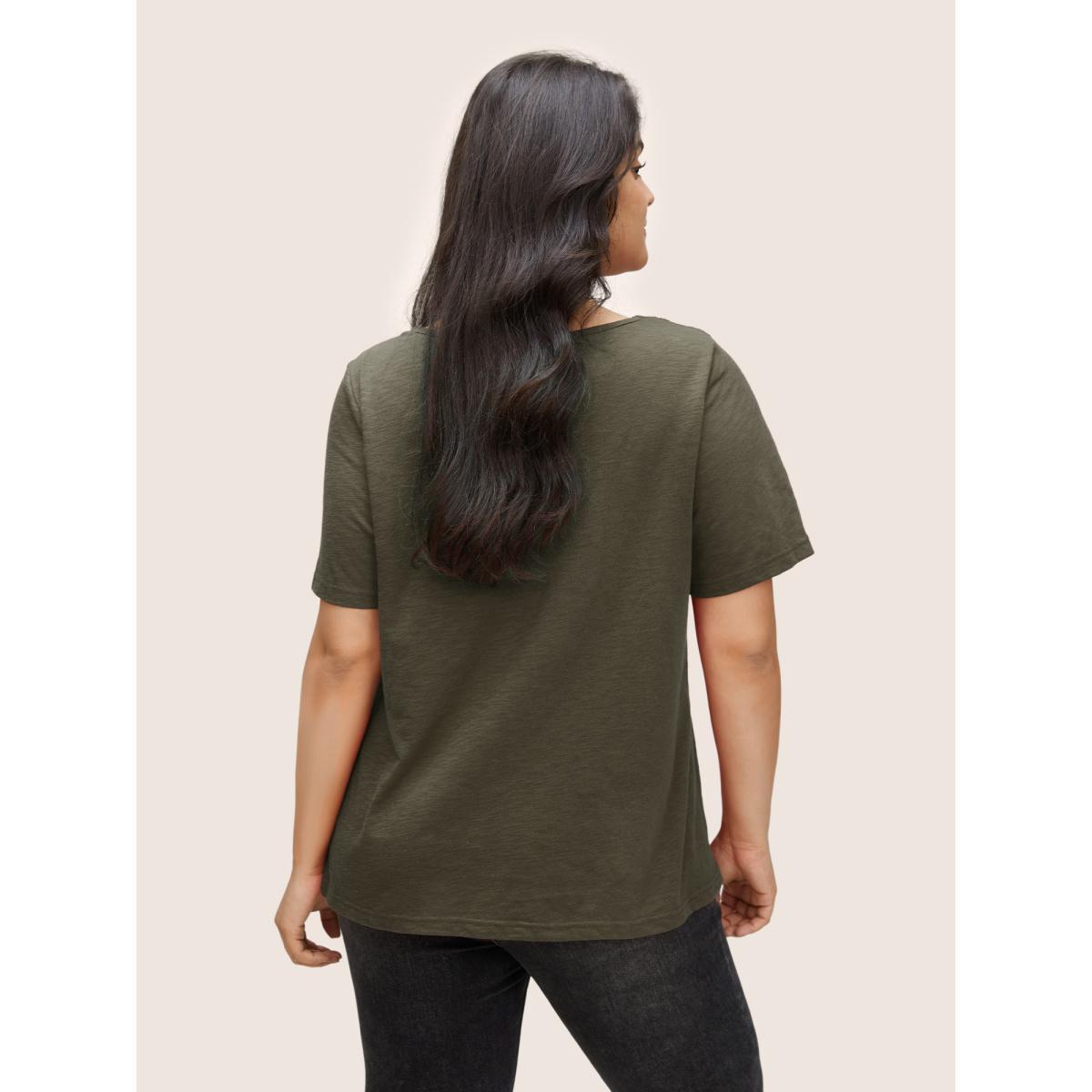 Plus Size Plain V Neck Lace Panel T-shirt ArmyGreen Women Elegant Non Plain V-neck Everyday T-shirts BloomChic 18-20/2X Product Image