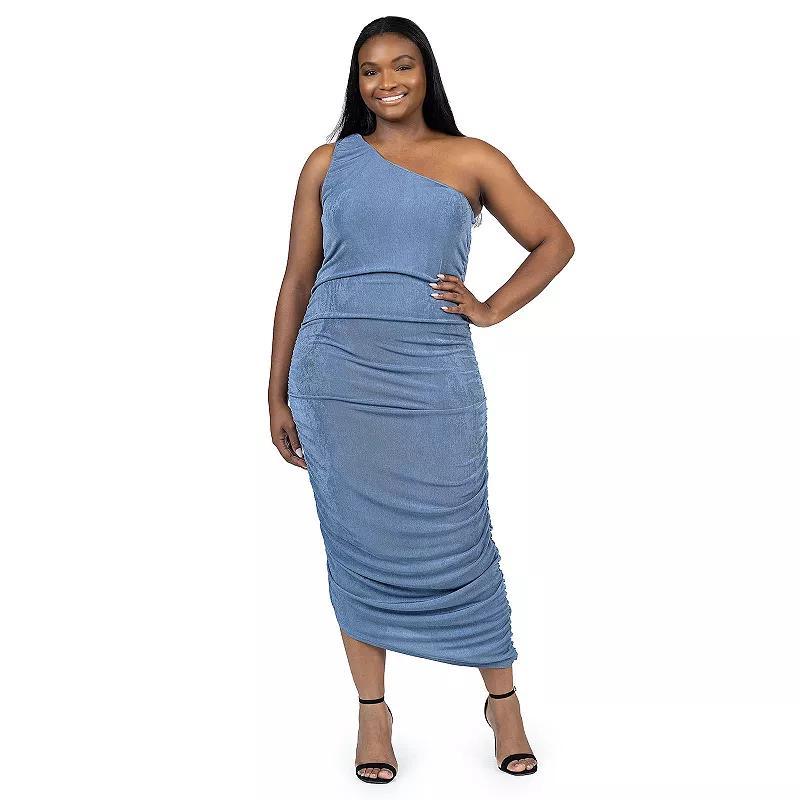 Plus Size 24Seven Comfort Apparel One-Shoulder Ruched Bodycon Dress, Womens Product Image