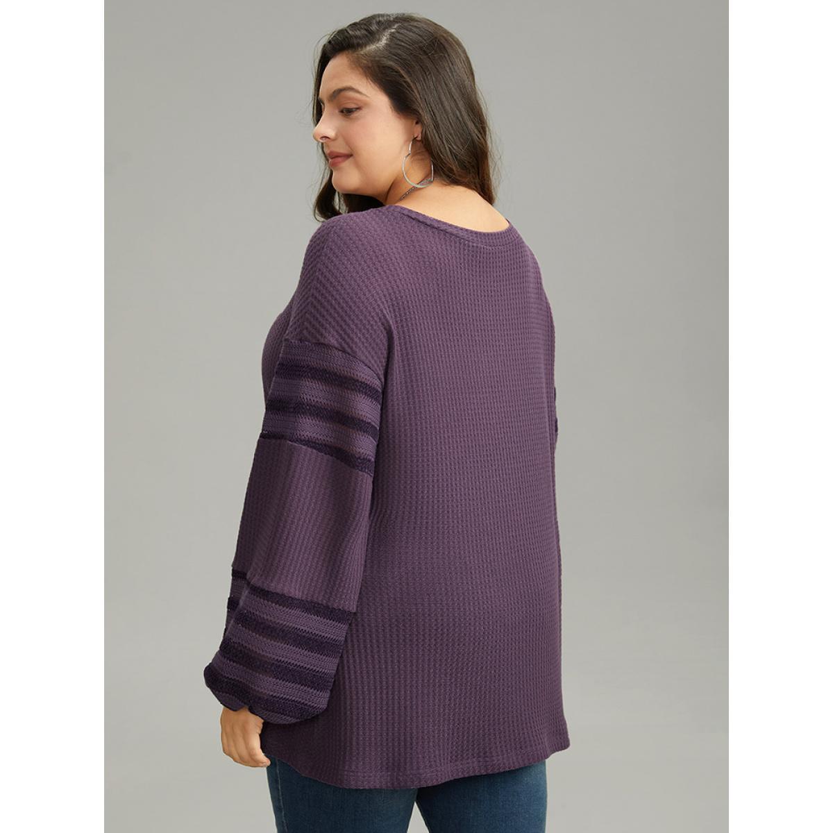 Plus Size Plain Texture Patchwork Hollow Out T-shirt Mauve Women Casual Elastic cuffs Plain Round Neck Dailywear T-shirts BloomChic 18-20/2X Product Image