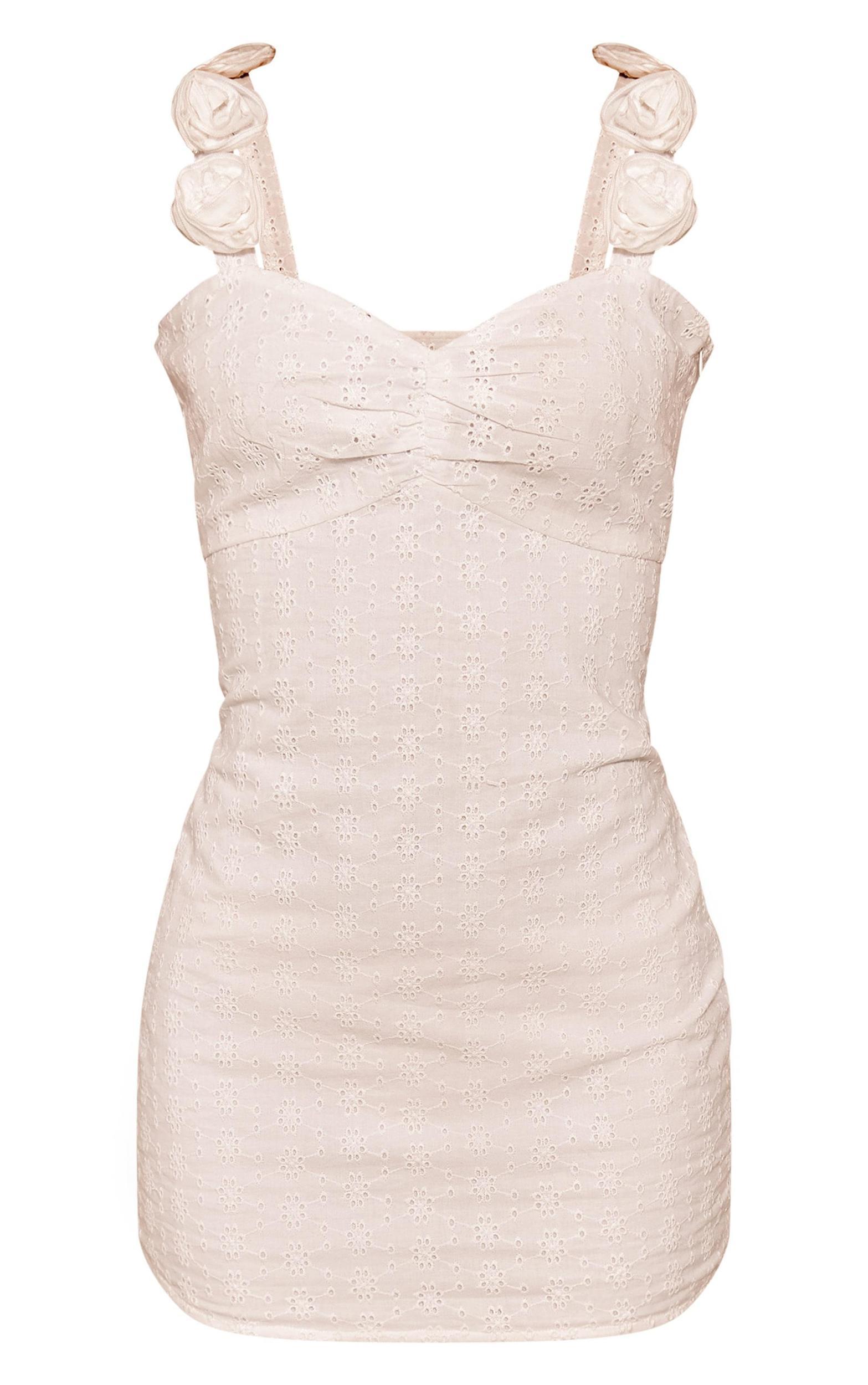 White Broderie Corsage Ruched Bodycon Dress Product Image