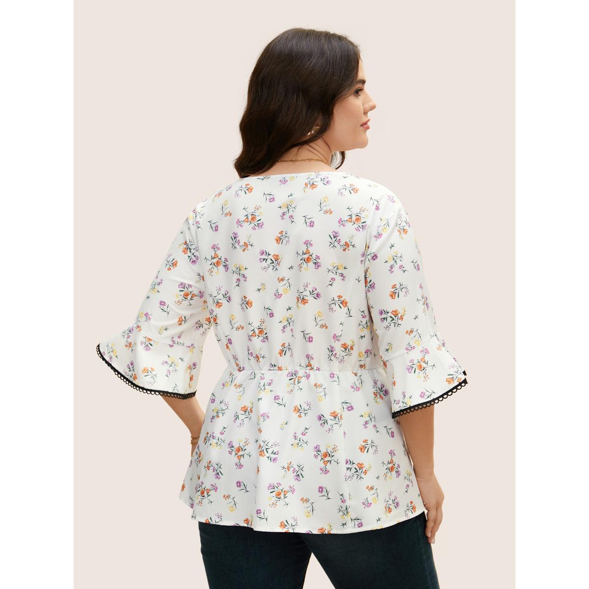 Plus Size Multicolor Floral Print Bowknot Bell Sleeve Blouse Women Elegant Half Sleeve V-neck Everyday Blouses BloomChic 18-20/2X Product Image