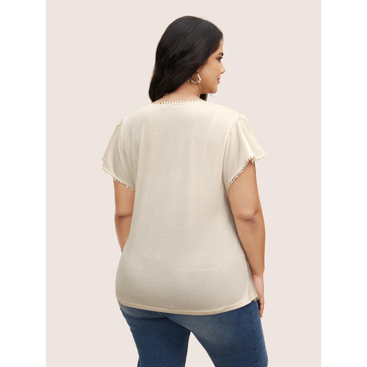 Plus Size Floral Mesh Embroidered Pompom Trim T-shirt Beige Women Elegant Contrast Natural Flowers V-neck Everyday T-shirts BloomChic 22-24/3X Product Image