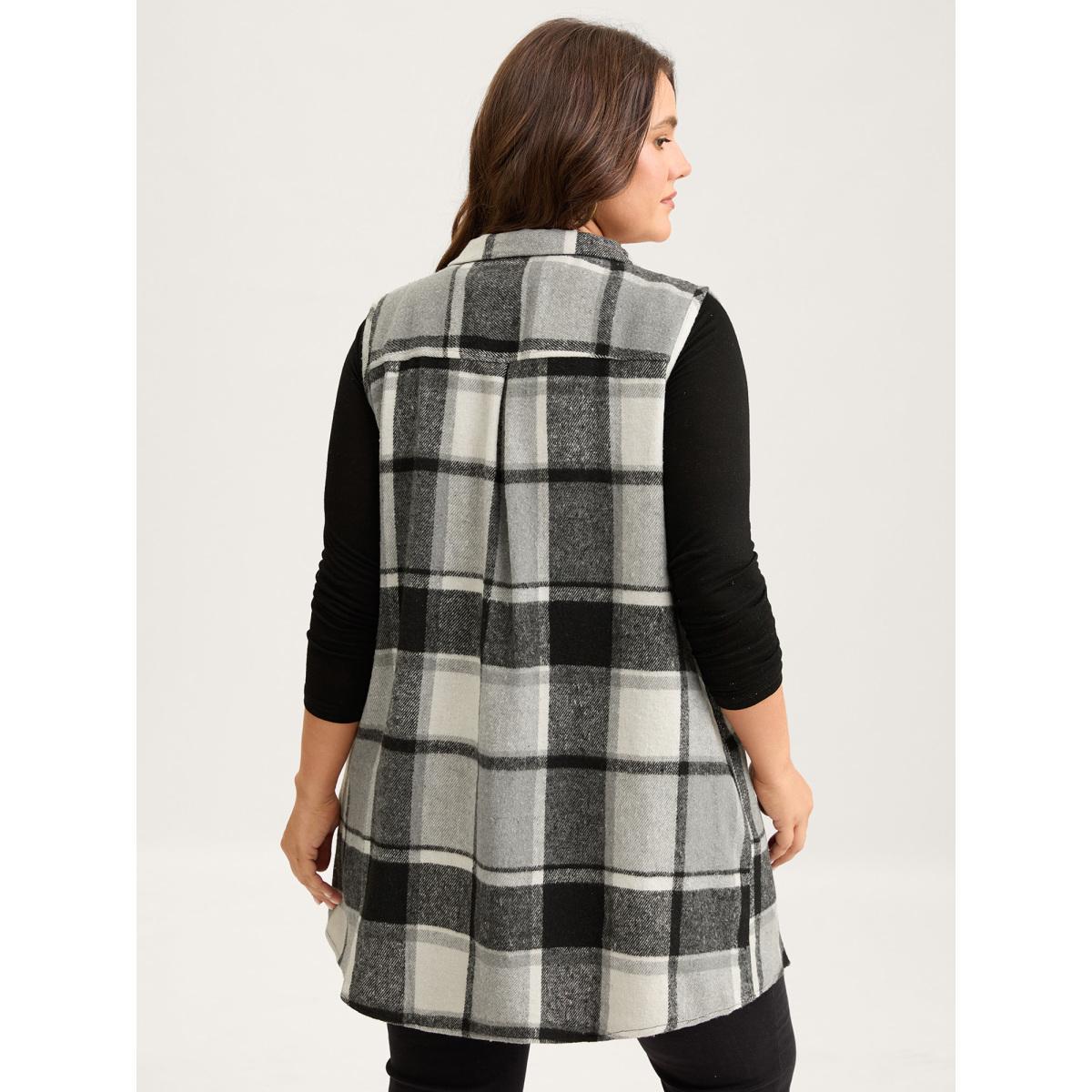 Plus Size Plaid Flap Detail Sleeveless Jacket Women Black Button Side seam pocket Everyday Jackets BloomChic 28/5X Product Image