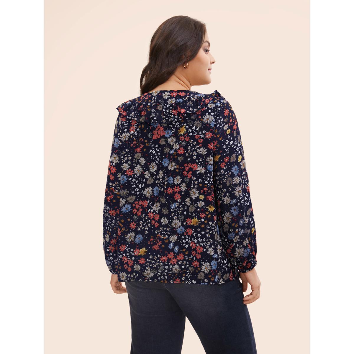 Plus Size Indigo Chiffon Floral Tie Knot Ruffle Trim Blouse Women Elegant Long Sleeve V-neck Everyday Blouses BloomChic 28/5X Product Image