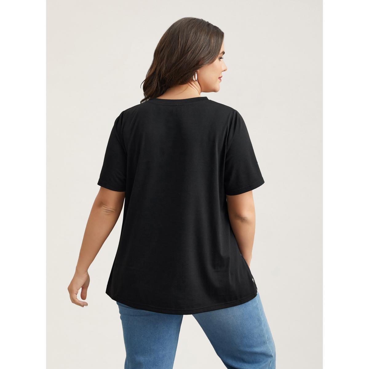 Plus Size Starry Color-Block Stretchy T-Shirt Black Women Casual Contrast Round Neck Everyday T-shirts BloomChic 10/M Product Image
