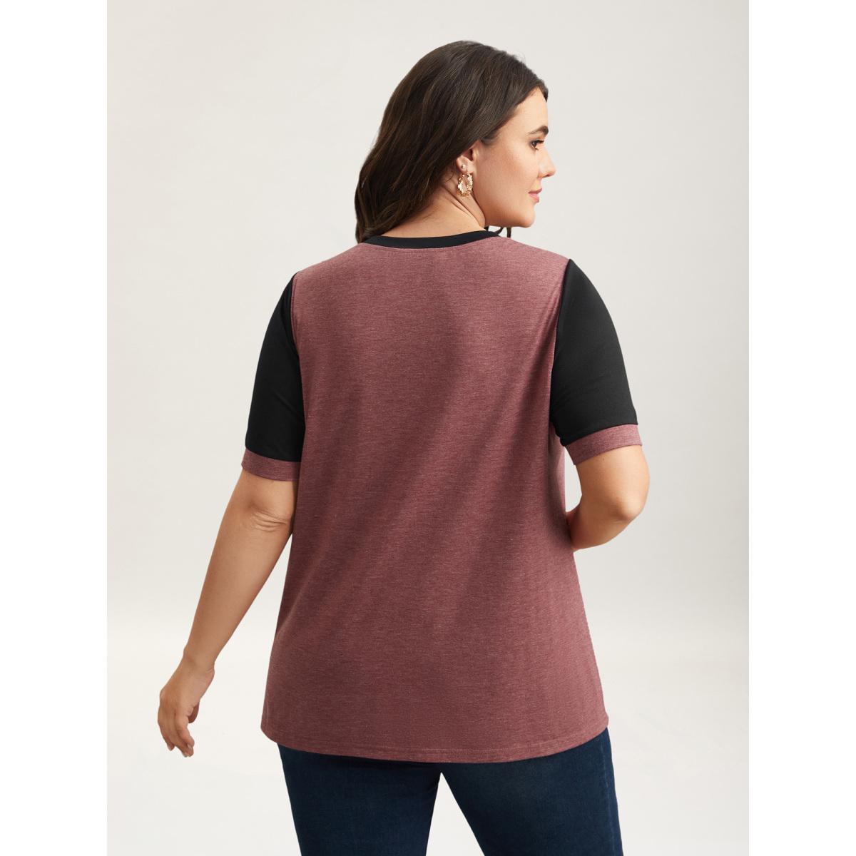 Plus Size Stretchy Scalloped Lace Color Contrast T-Shirt Russet Women Elegant Contrast Round Neck Everyday T-shirts BloomChic 18-20/2X Product Image