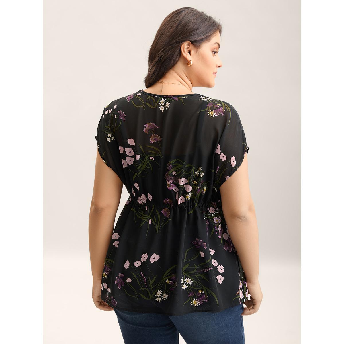 Plus Size Floral Print Waist-Tie Mini Kimono Women Black See through Everyday-Elegant Kimonos BloomChic 18-20/2X Product Image