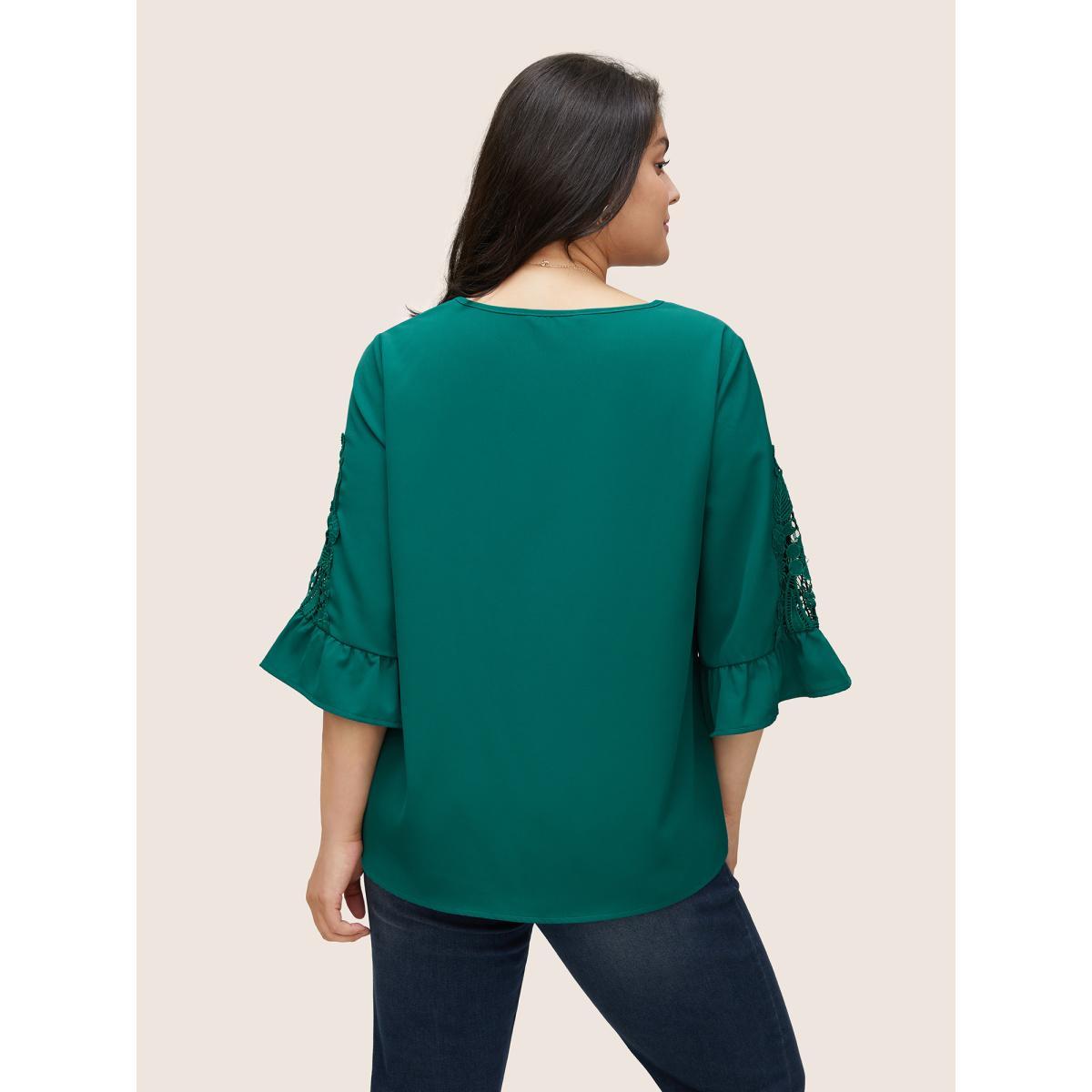 Plus Size Emerald Solid Guipure Lace Patchwork Ruffles Blouse Women Elegant Elbow-length sleeve V-neck Everyday Blouses BloomChic 14-16/1X Product Image