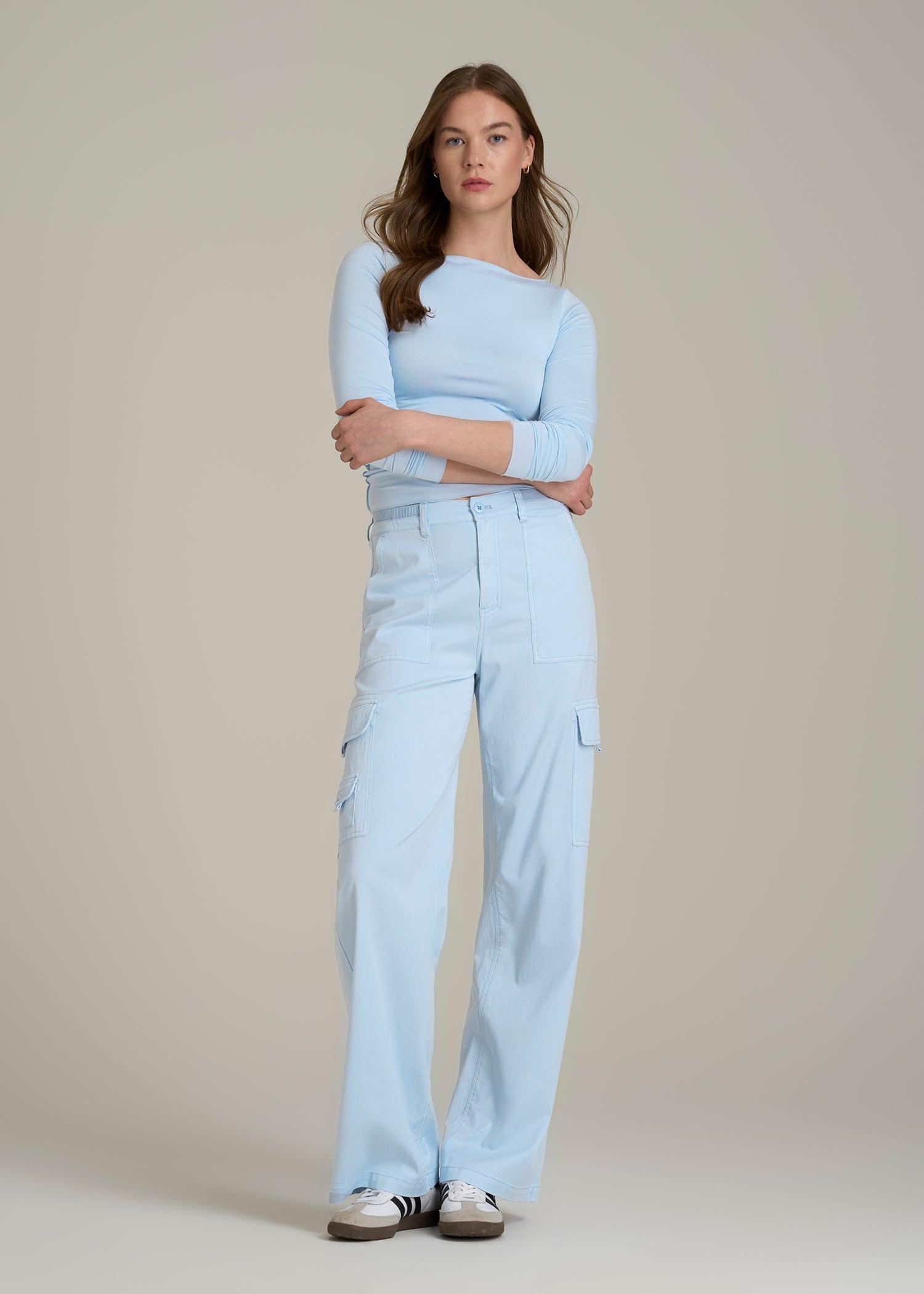 Garment Dyed Wide Leg Cargo Pants for Tall Women in Ice Blue Product Image