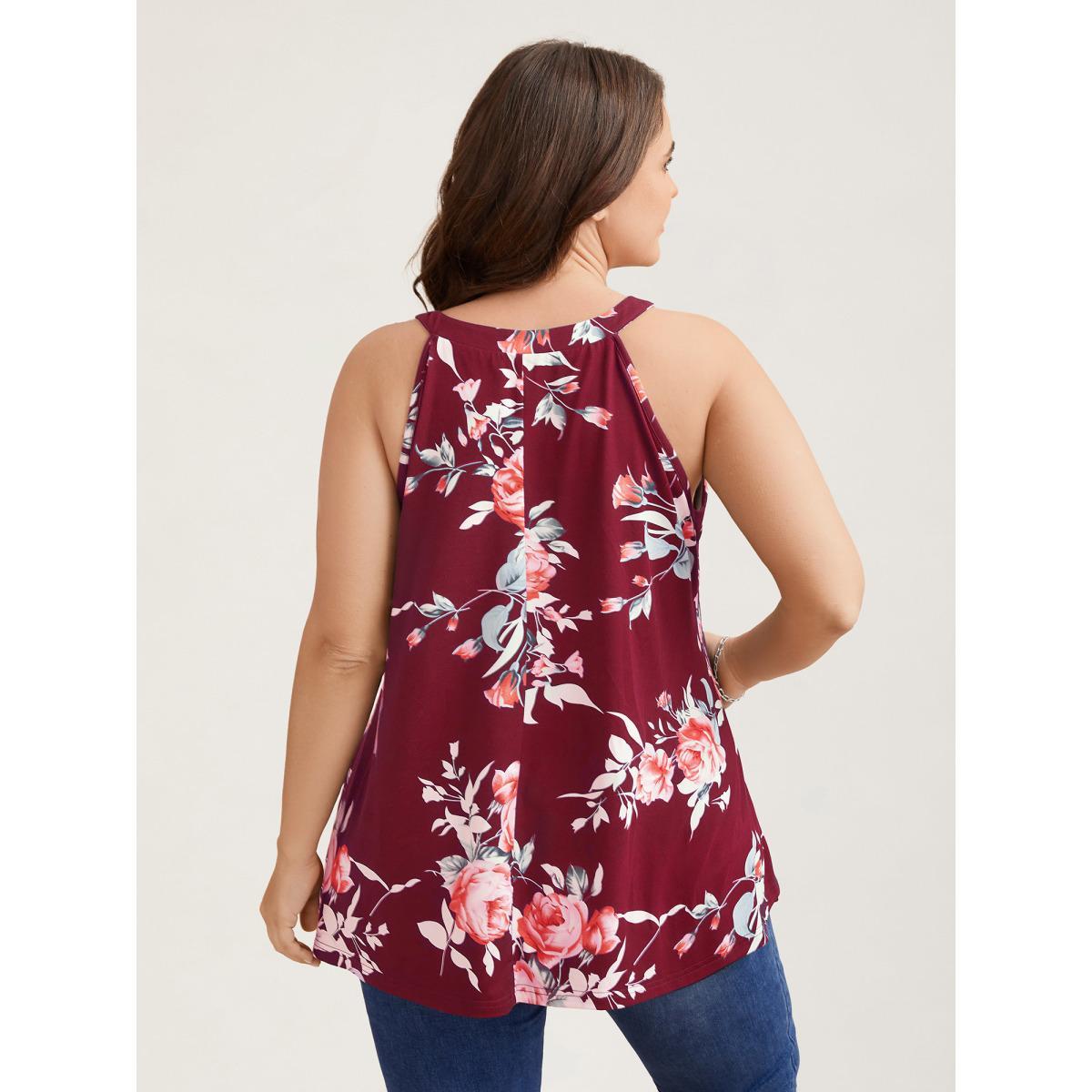 Plus Size Rosy Print Halter Neck Top Women Indigo Elegant Contrast Round Neck Everyday Tank Tops Camis BloomChic 18-20/2X Product Image