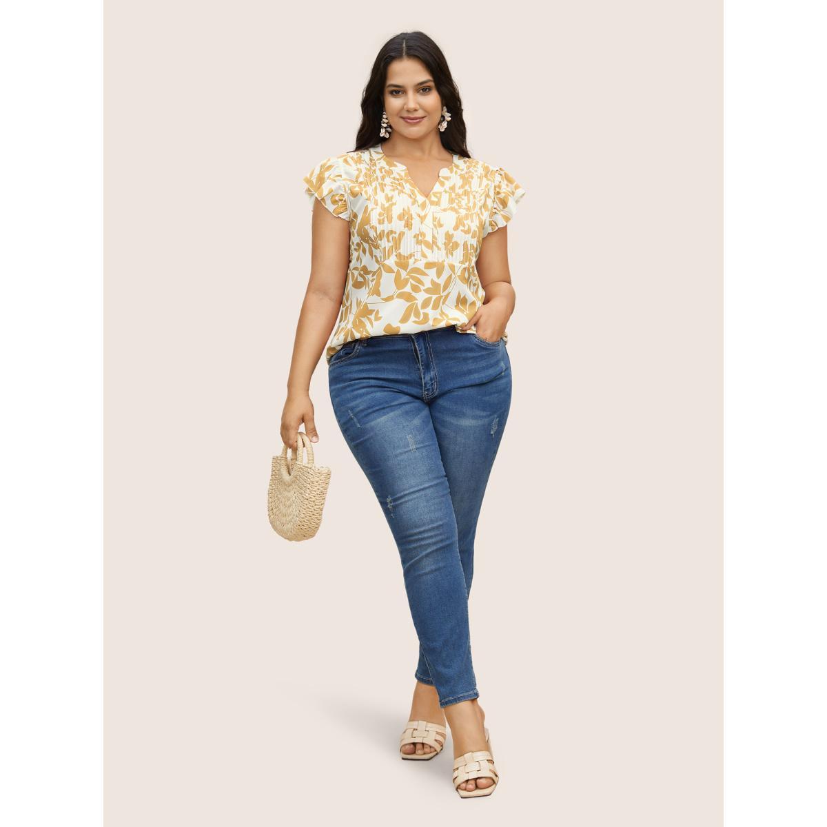 Plus Size Tan Silhouette Floral Print Notched Collar Pleated Blouse Women Resort Cap Sleeve Notched collar Vacation Blouses BloomChic 10/M Product Image