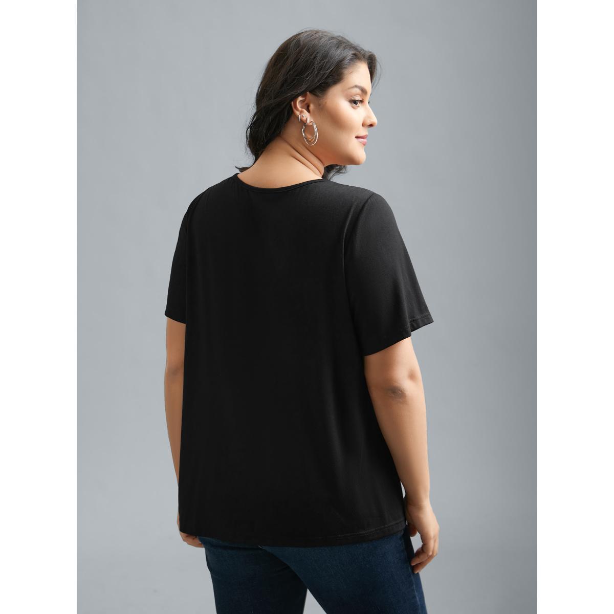 Plus Size Stretchy V-Neck Hollow Fitted T-Shirt Black Women Casual Eyelet V-neck Everyday T-shirts BloomChic 22-24/3X Product Image