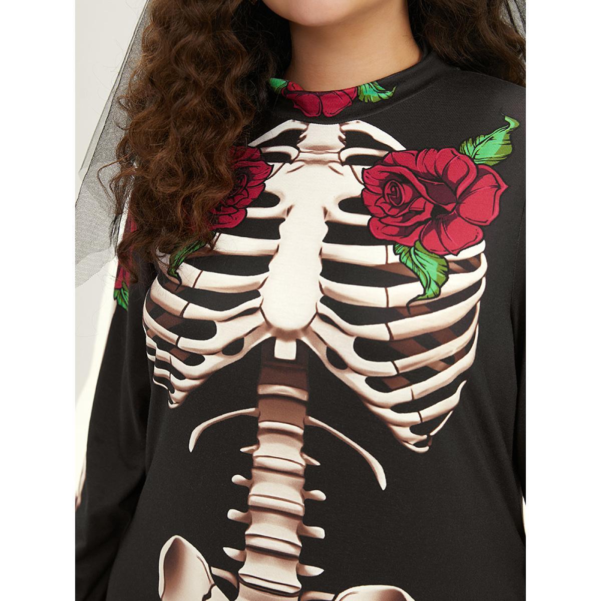 Plus Size Halloween Mock Neck Skull Print Split Hem Dress Black Women Casual Printed Mock Neck Long Sleeve Curvy Midi Dress BloomChic 30/6X Product Image
