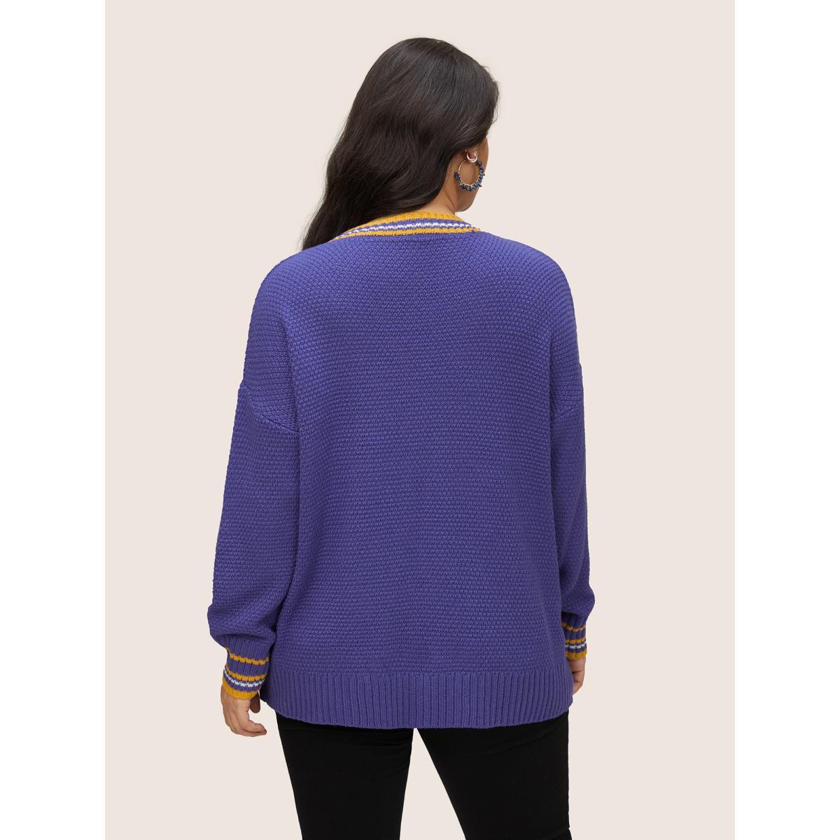 Plus Size Striped Contrast Wrap Knit Pullover Blackcurrant Women Casual Loose Long Sleeve V-neck Dailywear Pullovers BloomChic 10/M Product Image