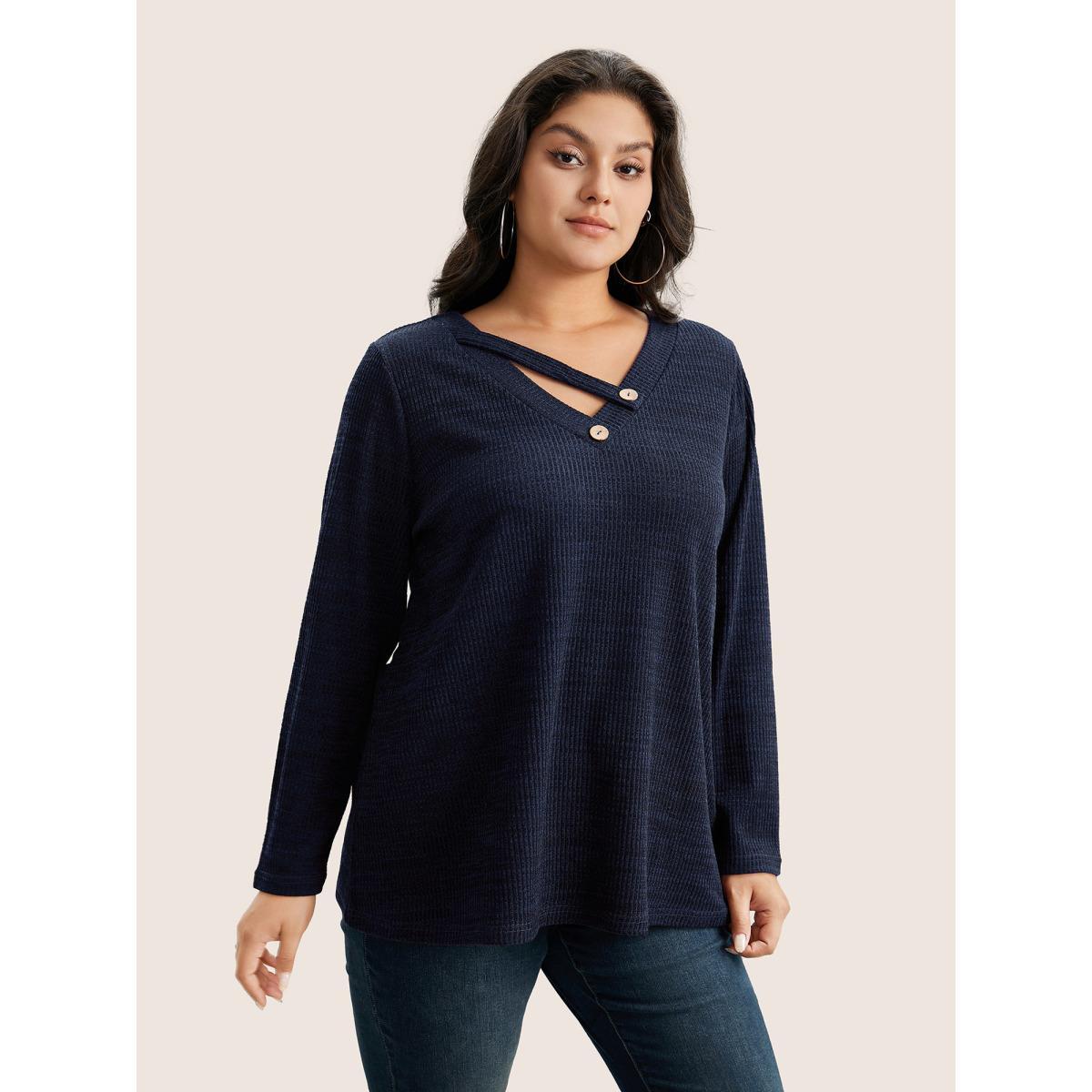 Plus Size Solid Rib Knit Button Detail T-shirt Blue Women Casual Non Plain V-neck Everyday T-shirts BloomChic 10/M Product Image