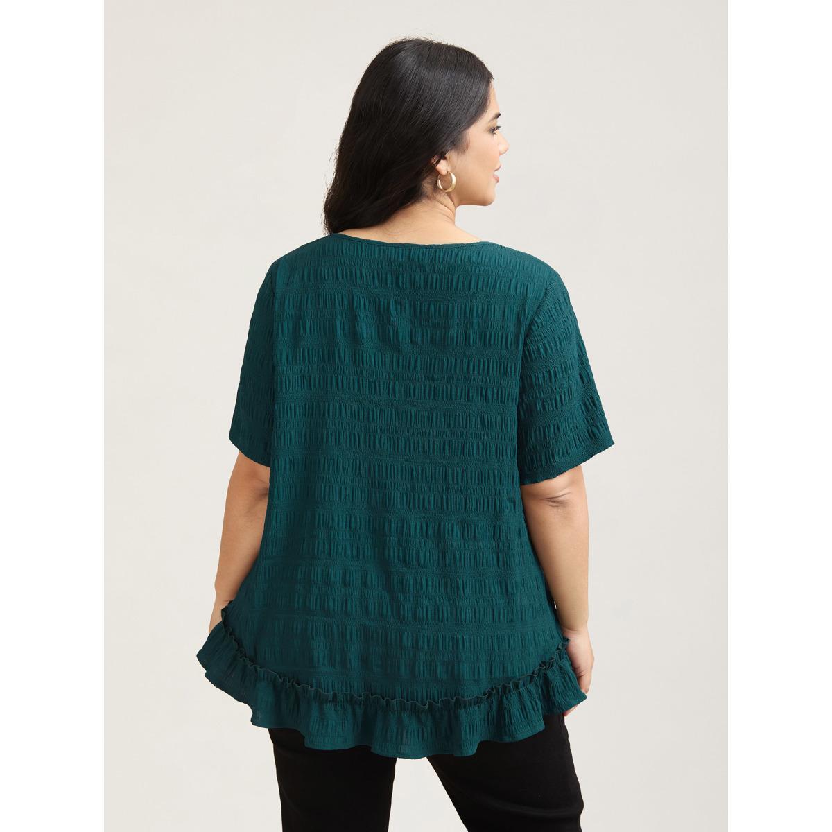 Plus Size Cyan Textured Spliced Ruffle Edge Top Women Casual Short sleeve Round Neck Everyday Blouses BloomChic 18-20/2X Product Image