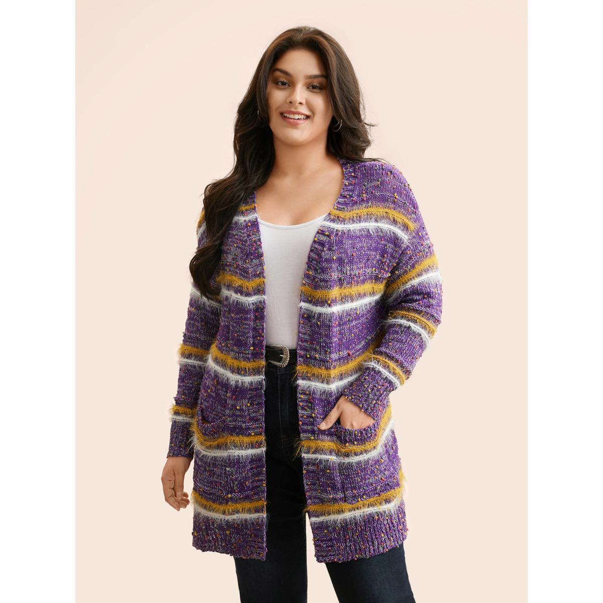 Plus Size Striped Contrast Texture Fluffy Cardigan Deeppurplered Women Casual Loose Long Sleeve Everyday Cardigans BloomChic 12/L Product Image