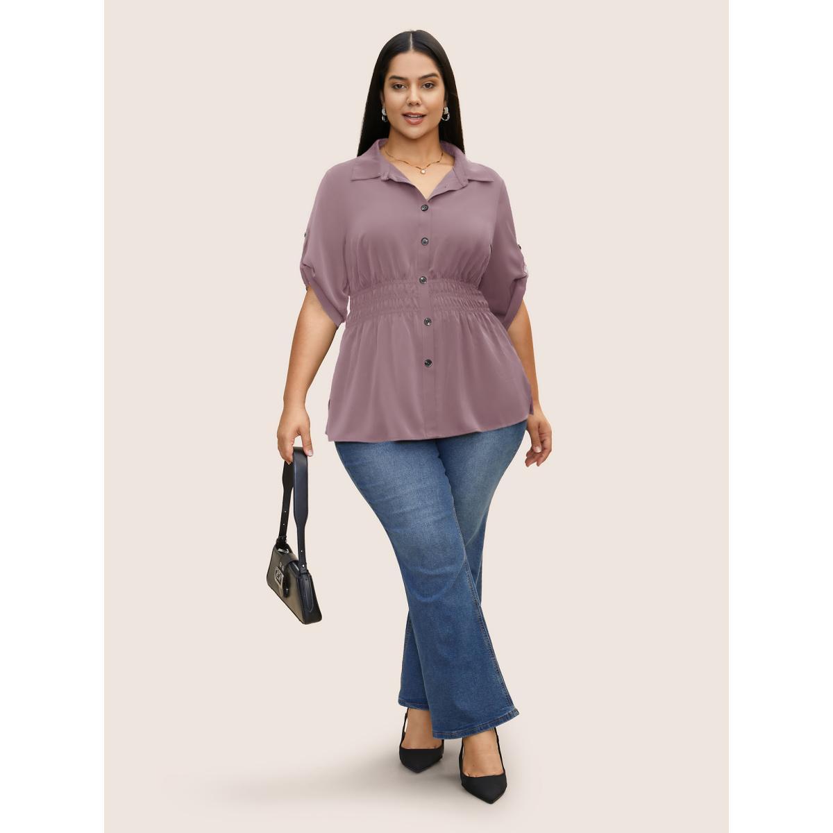 Plus Size Mauve Shirt Collar Button Cuff Sleeve Blouse Women Work From Home Half Sleeve Shirt collar Work Blouses BloomChic 18-20/2X Product Image