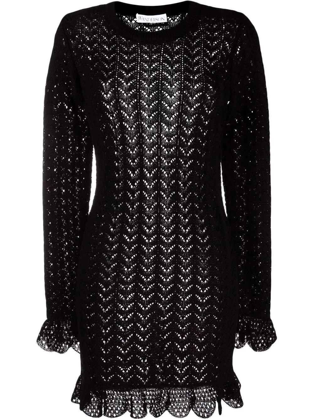 JW ANDERSON Frill Detail Long Sleeve Crochet Effect Dress In Nero Product Image