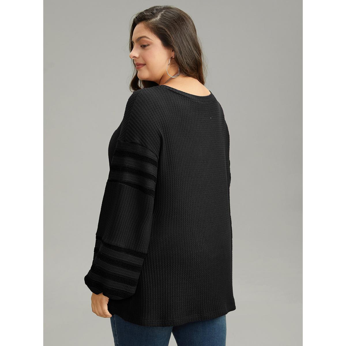 Plus Size Plain Texture Patchwork Hollow Out T-shirt Black Women Casual Elastic cuffs Plain Round Neck Dailywear T-shirts BloomChic 14-16/1X Product Image