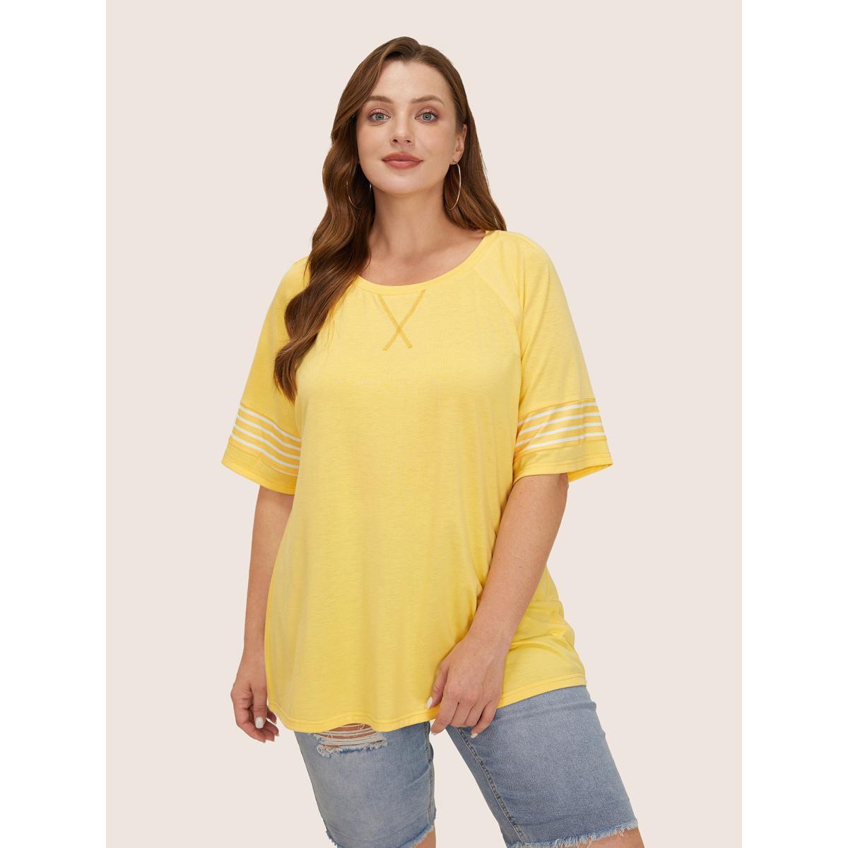 Plus Size Striped Contrast Raglan Sleeve Crew Neck T-shirt Yellow Women Casual Plain Everyday T-shirts BloomChic 26/4X Product Image