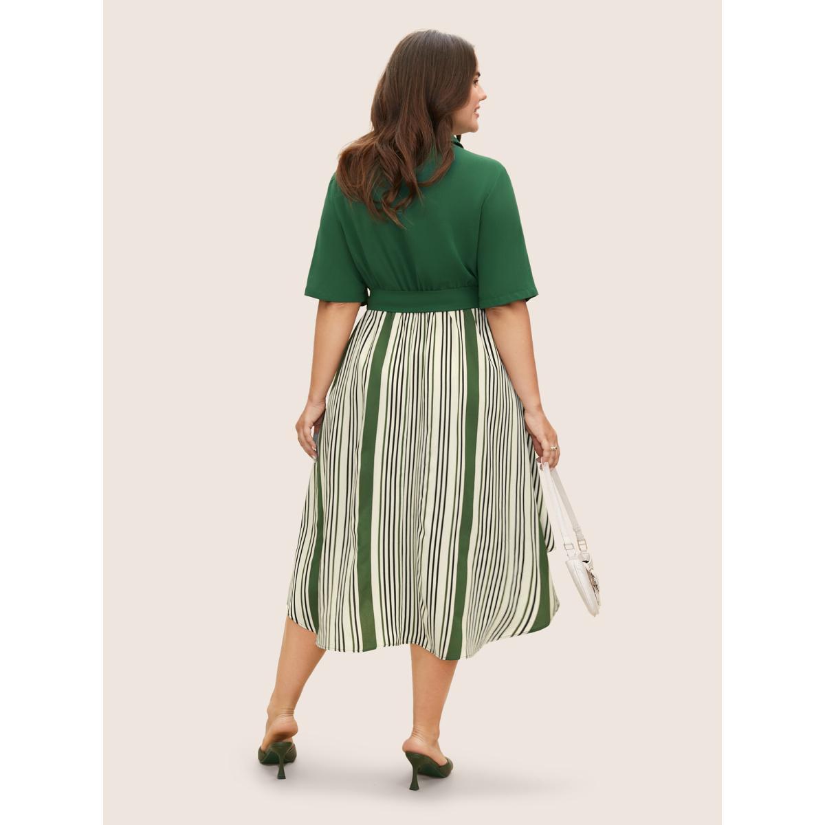Plus Size Striped Patchwork Belted Patched Pocket Dress Truegreen Women At the Office Belted Shirt collar Half Sleeve Curvy BloomChic 30/6X Product Image