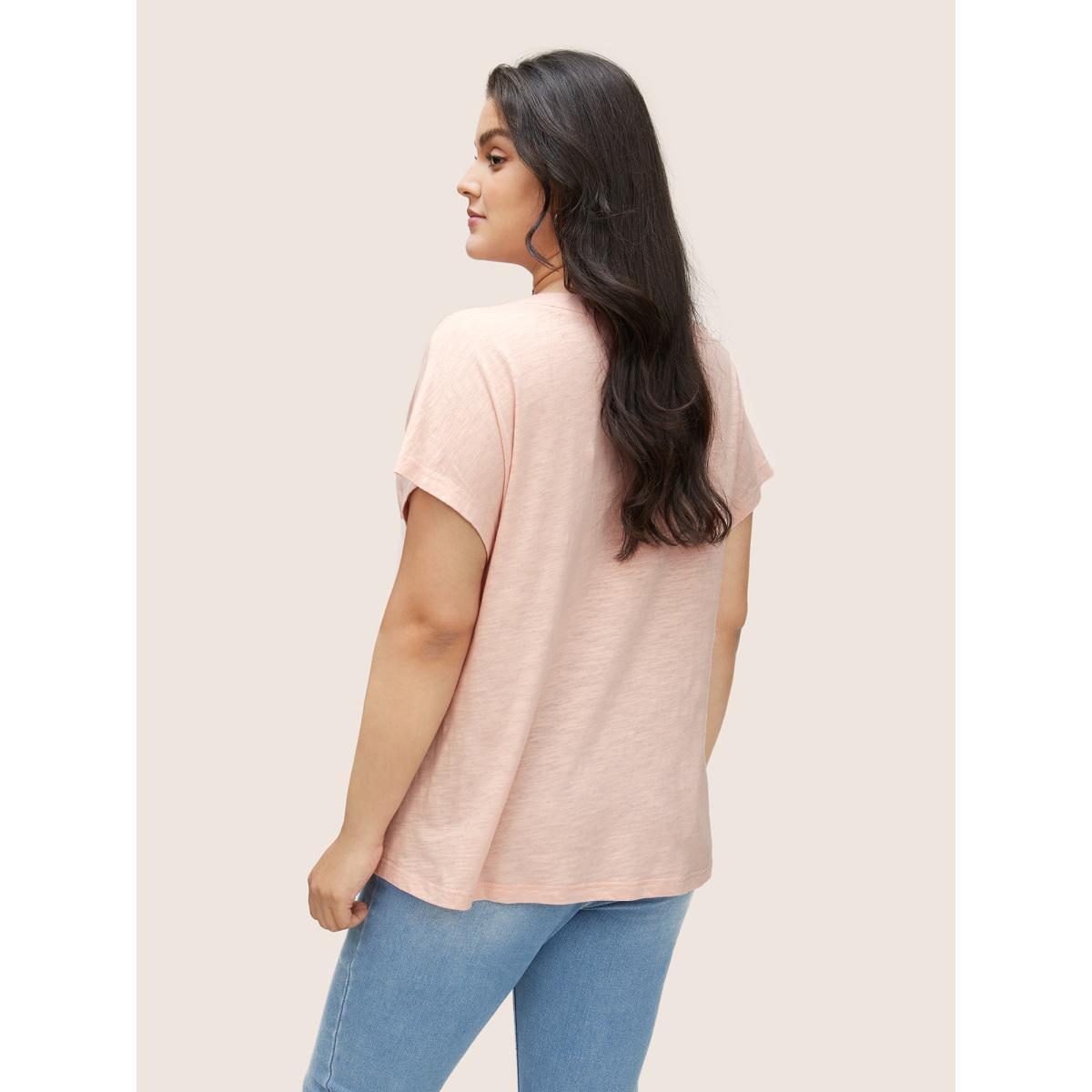 Plus Size Cotton Solid Notched Dolman Sleeve T-shirt Crepe Women Casual Non Plain Notched collar Everyday T-shirts BloomChic 22-24/3X Product Image