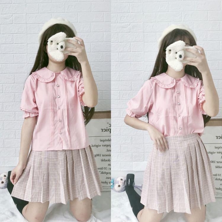 Puff-Sleeve Plain Ruffle Trim Button-Up Blouse Product Image