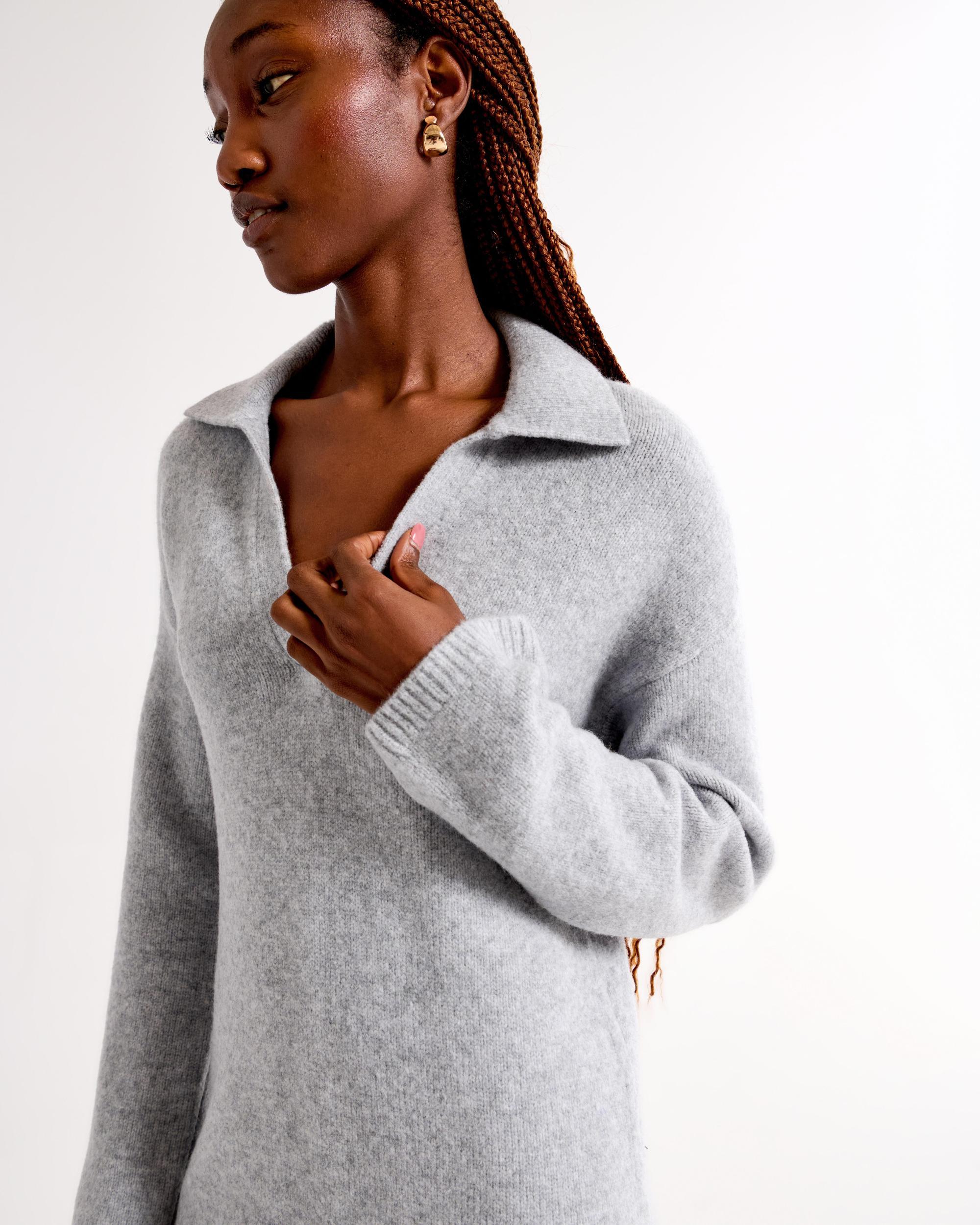 Long-Sleeve Collared Mini Sweater Dress Product Image