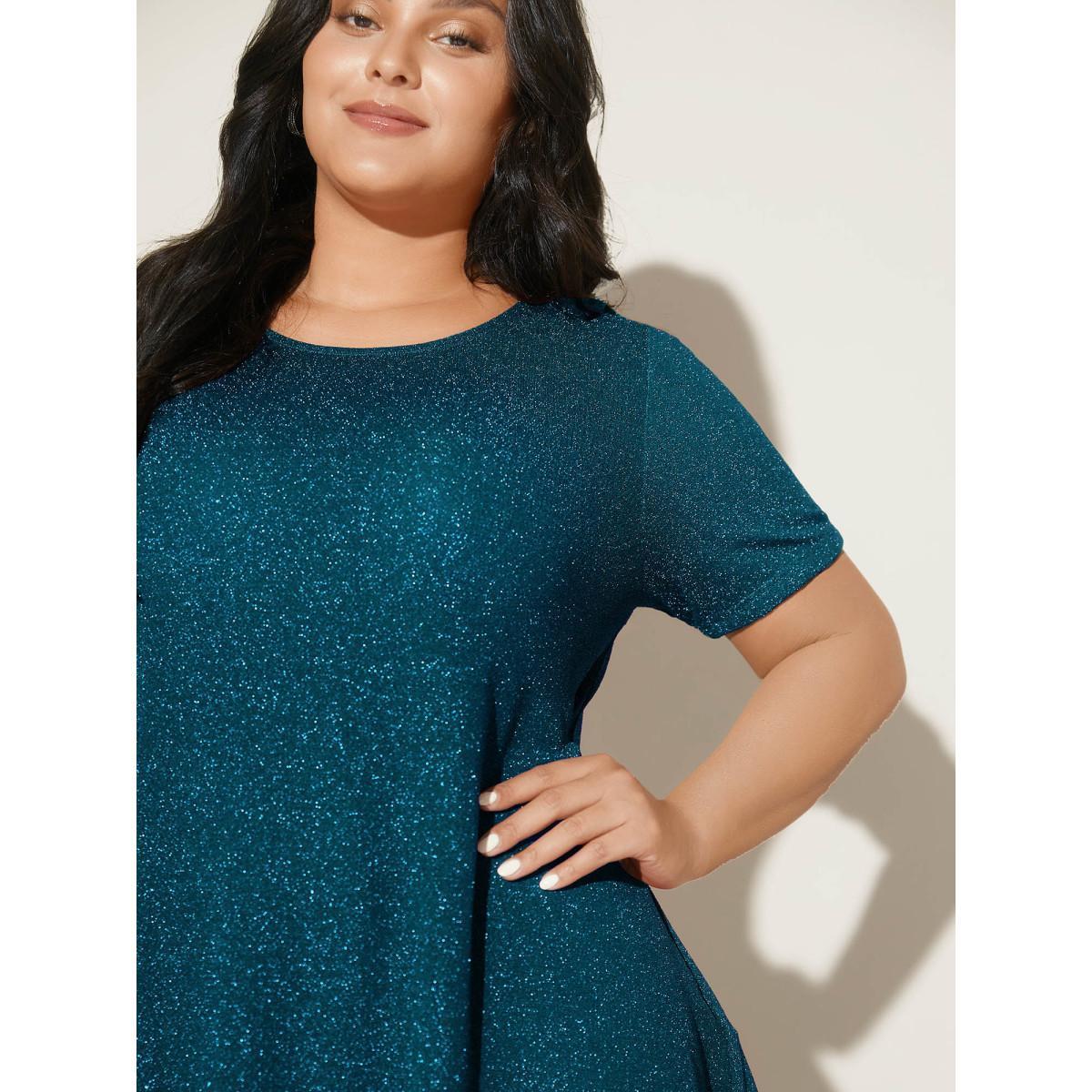 Plus Size Shimmering Gold & Silver Thread A-Line Tee Black Women Casual Non Round Neck Loose Everyday T-shirts BloomChic 10/M Product Image