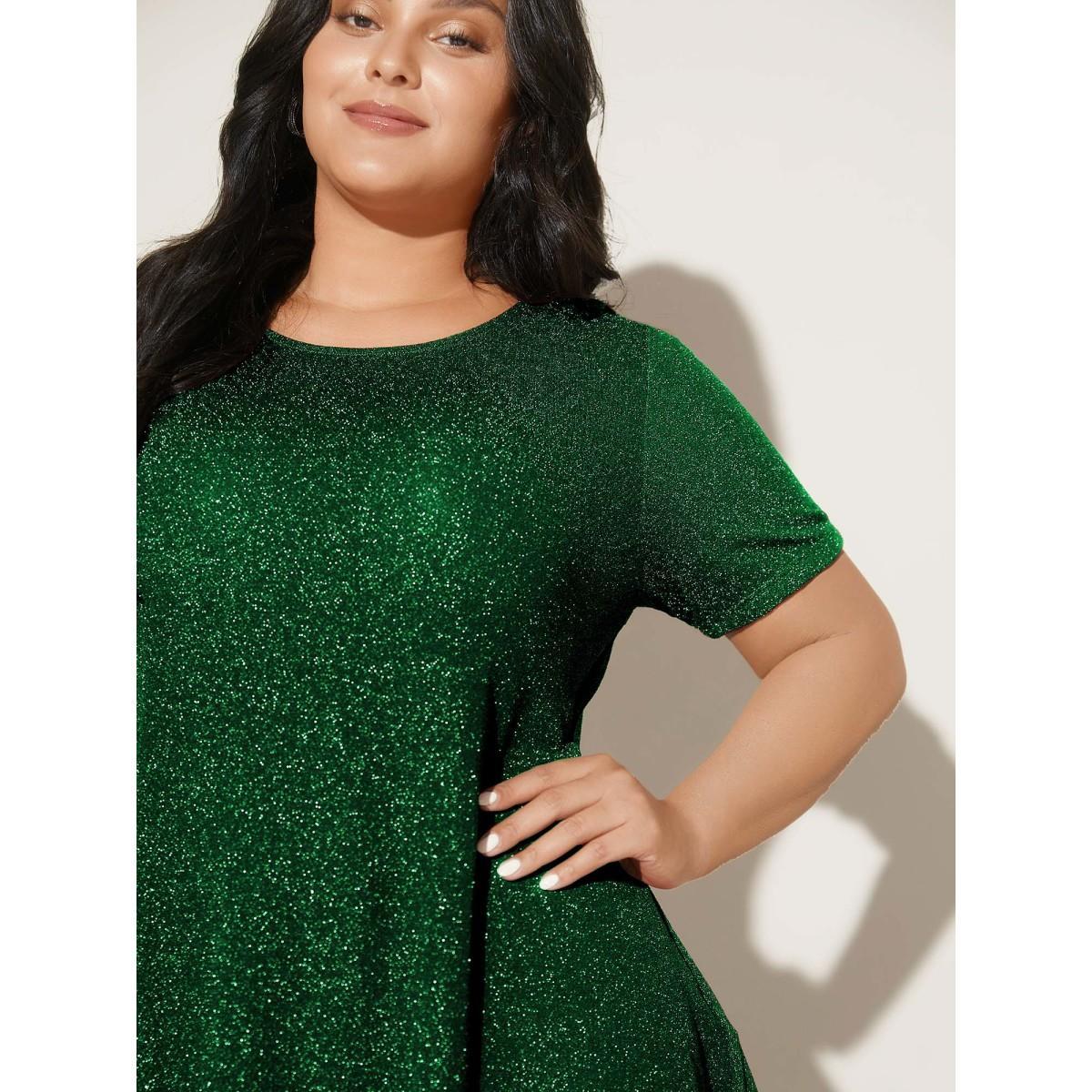 Plus Size Shimmering Gold & Silver Thread A-Line Tee Black Women Casual Non Round Neck Loose Everyday T-shirts BloomChic 10/M Product Image