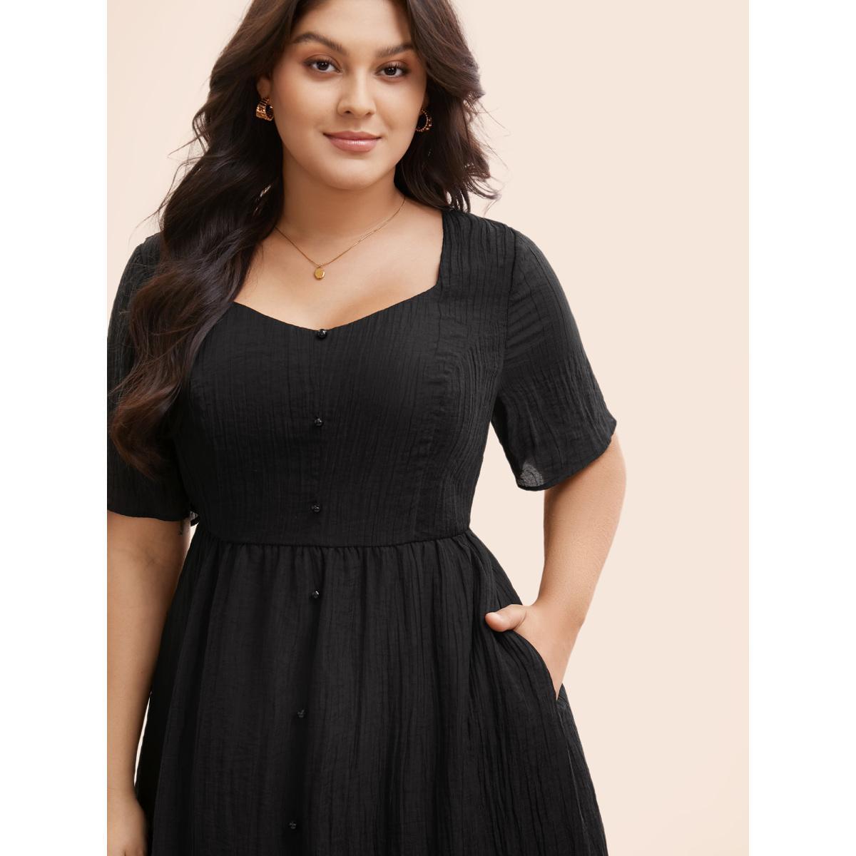 Plus Size Plain Textured Button Detail Maxi Dress Black Women Elegant Texture Heart neckline Half Sleeve Curvy BloomChic 12/L Product Image