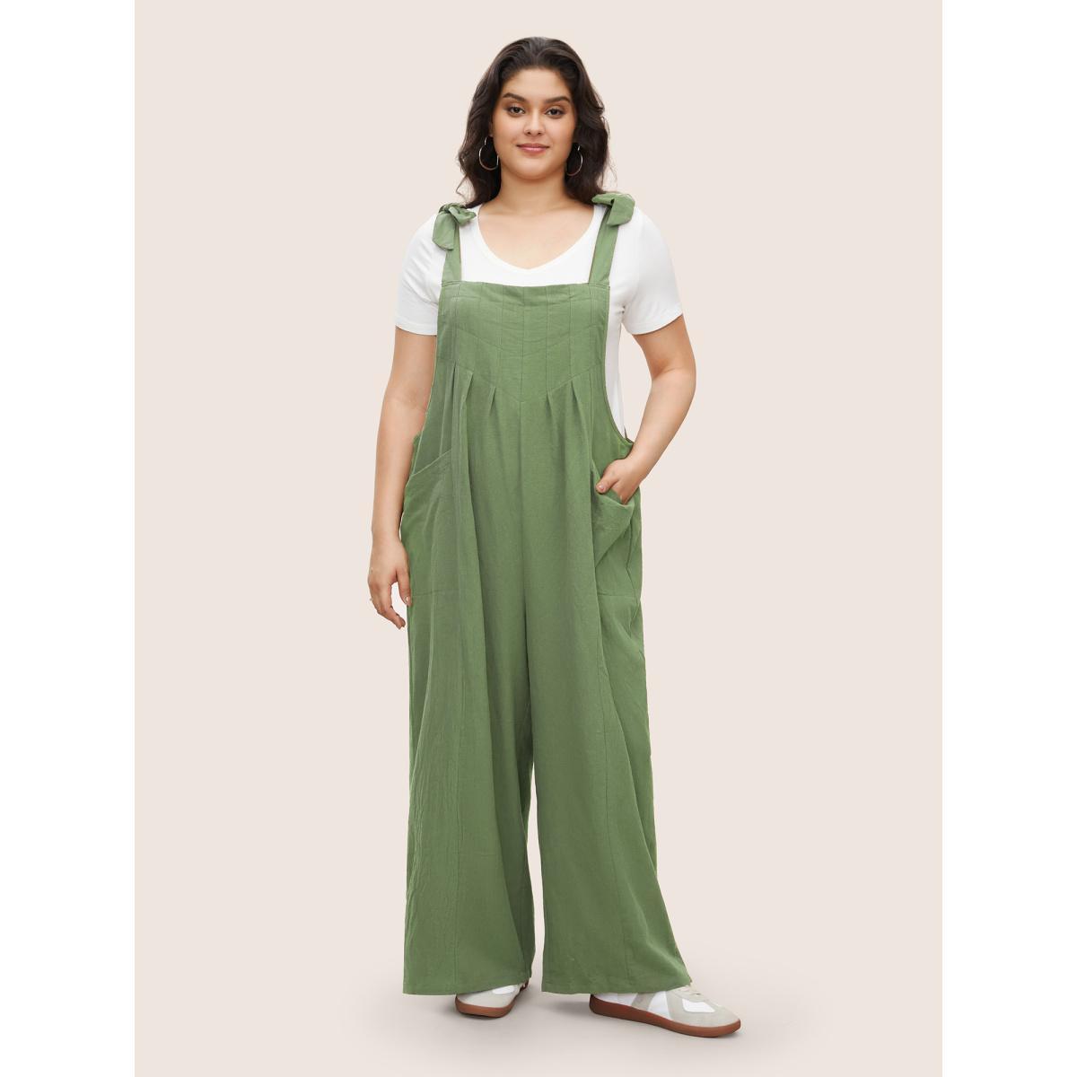 Plus Size Moss Solid Pleated Detail Pocket Knotted Shoulder Overall Jumpsuit Women Casual Sleeveless Non Everyday Loose Jumpsuits BloomChic 26/4X Product Image