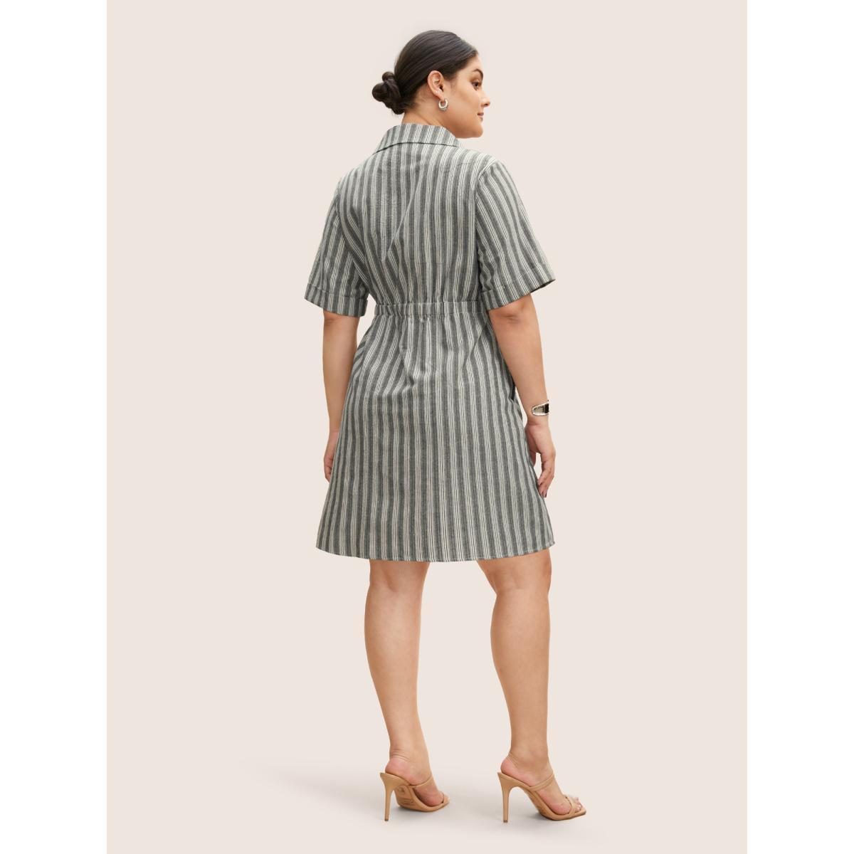Plus Size Striped Button Up Patched Pocket Short Dress Mediumgray Women Work From Home Gathered Shirt collar Half Sleeve Curvy BloomChic 10/M Product Image