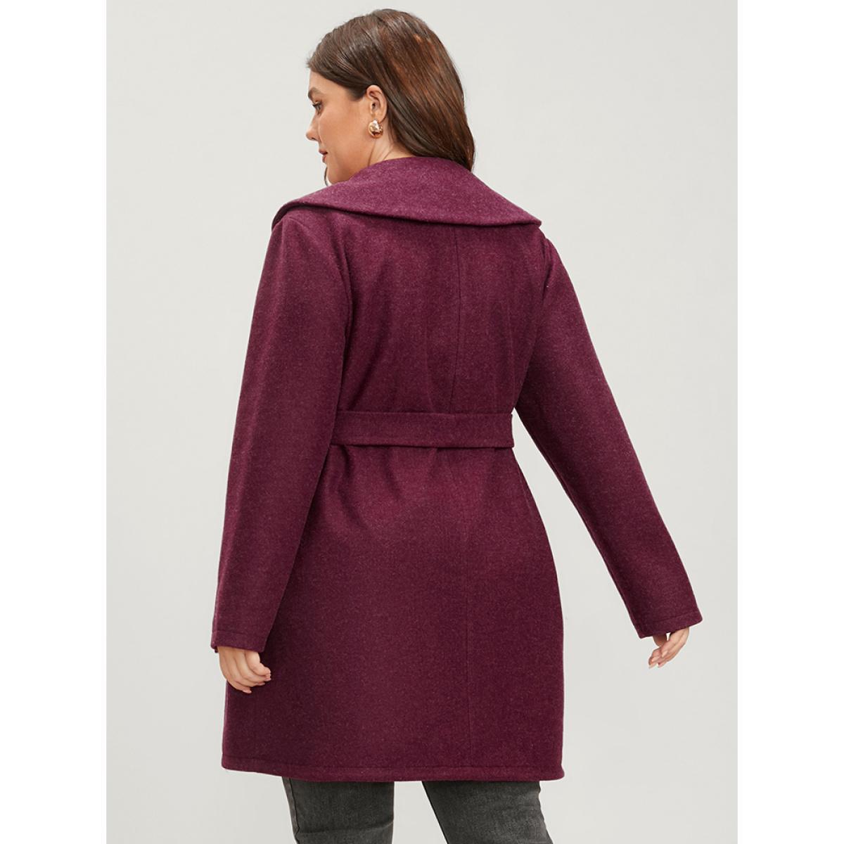 Plus Size Solid Foldover Collar Pocket Asymmetrical Hem Belted Coat Women Burgundy Elegant Cross straps Ladies Dailywear Winter Coats BloomChic 12/L Product Image