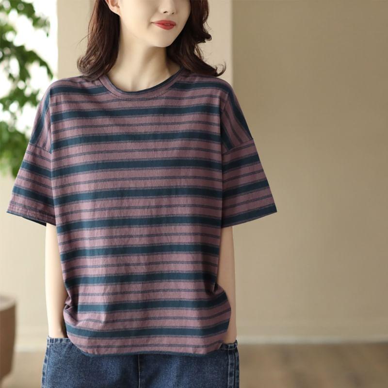 Elbow-Sleeve Crew Neck Striped T-Shirt Product Image