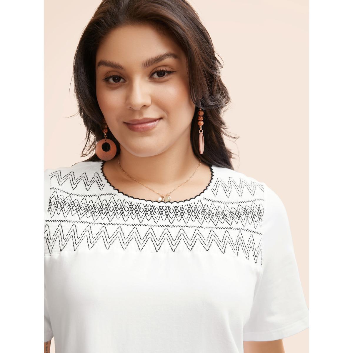 Plus Size Round Neck Embroidered Shirred T-shirt Originalwhite Women Resort Woven ribbon&lace trim Art&design Round Neck Vacation T-shirts BloomChic 26/4X Product Image