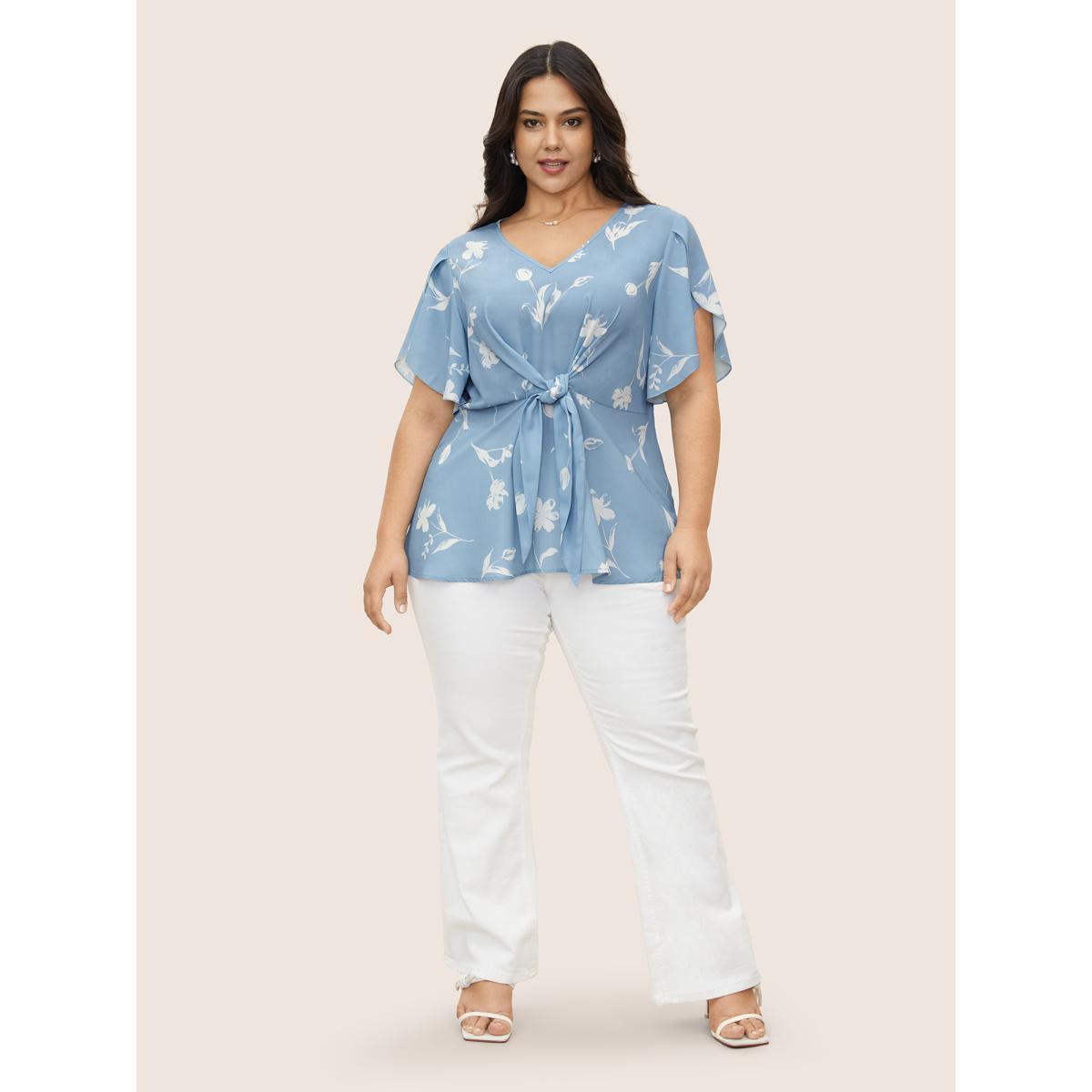 Plus Size Stone Floral Tie Knot Petal Sleeve Blouse Women Elegant Short sleeve V-neck Everyday Blouses BloomChic 12/L Product Image