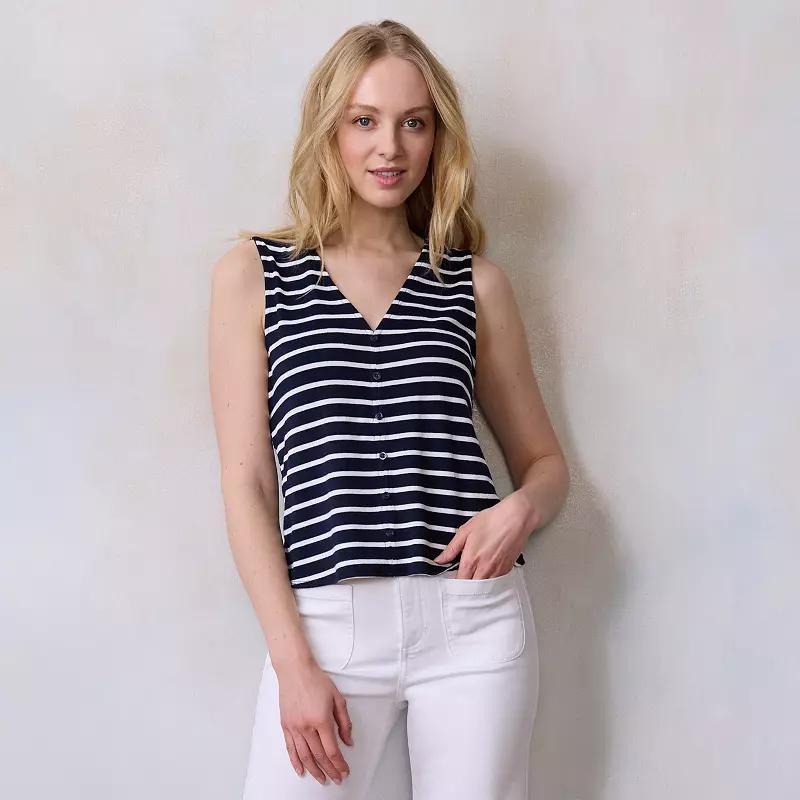 Womens LC Lauren Conrad V-Neck Button Up Knit Top Blue Lori Stripe Product Image