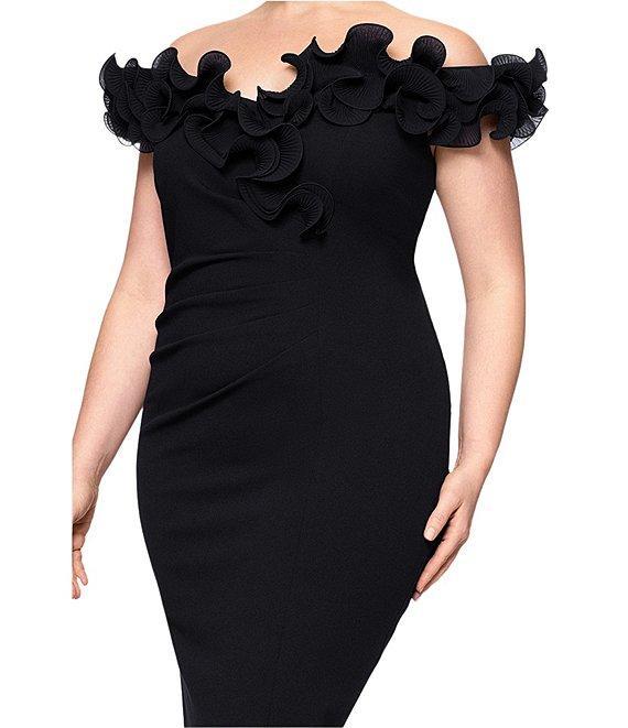 Xscape Plus Size Scuba Crepe V-Neck Sleeveless Wire Ruffle Trim Ruched Back Dress Product Image