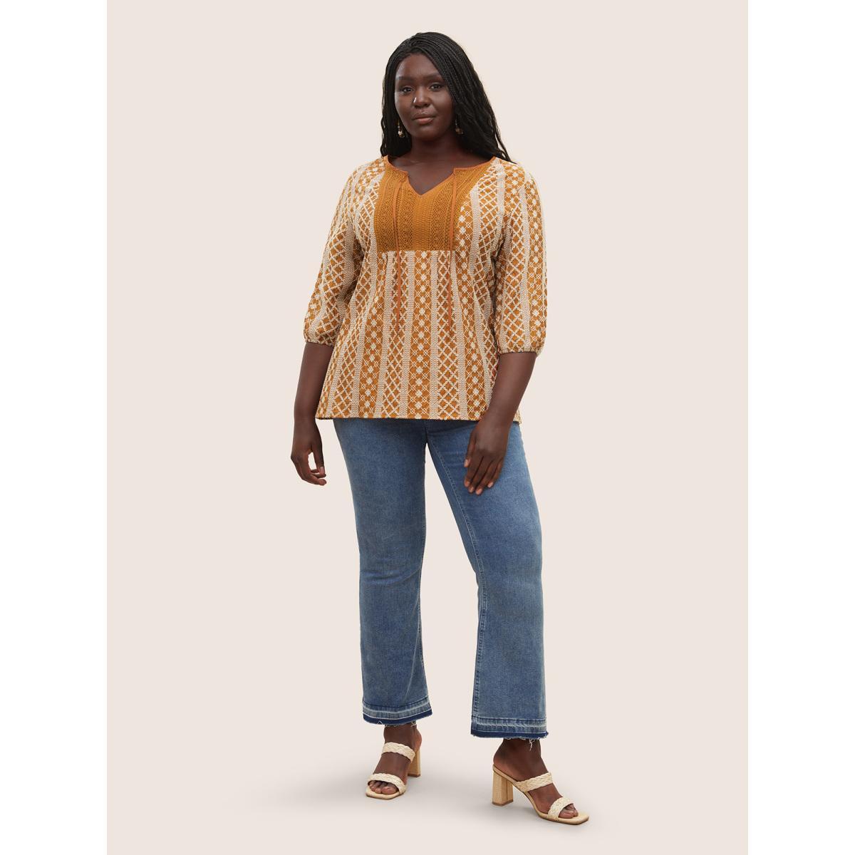 Plus Size OrangeRed Boho Print Embroidered Eyelet Lace Knot Neck Blouse Women Resort Elbow-length sleeve Flat collar with V-notch Vacation Blouses BloomChic 22-24/3X Product Image